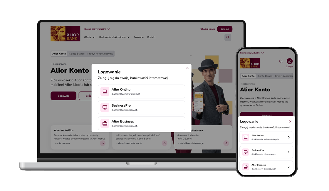 Zrzut ekranu ze strony WWW Alior Banku z oknem przejścia do stron ogowania systemów bankowości internetowej